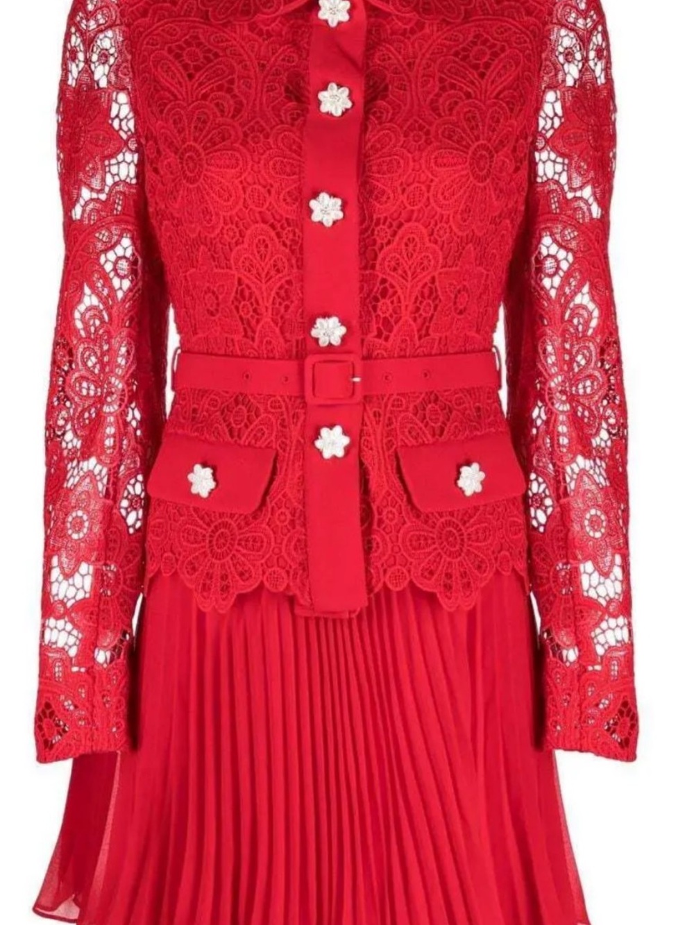 Self-Portrait Red Lace Belted Pleated Dress